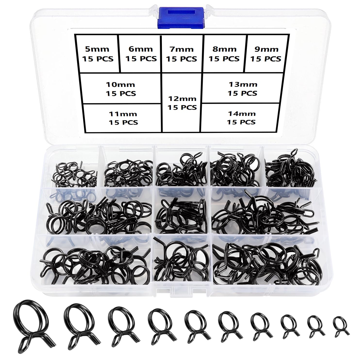 YIXISI 150 PCS 5-14 mm Fuel Hose Spring Clamps, Fuel Line Hose Clips, Tubing Spring Clamps Assortment Kit, Single Wire Tubing Spring Clips Clamps, for Motorcycle Scooter ATV (10 Sizes, Black)