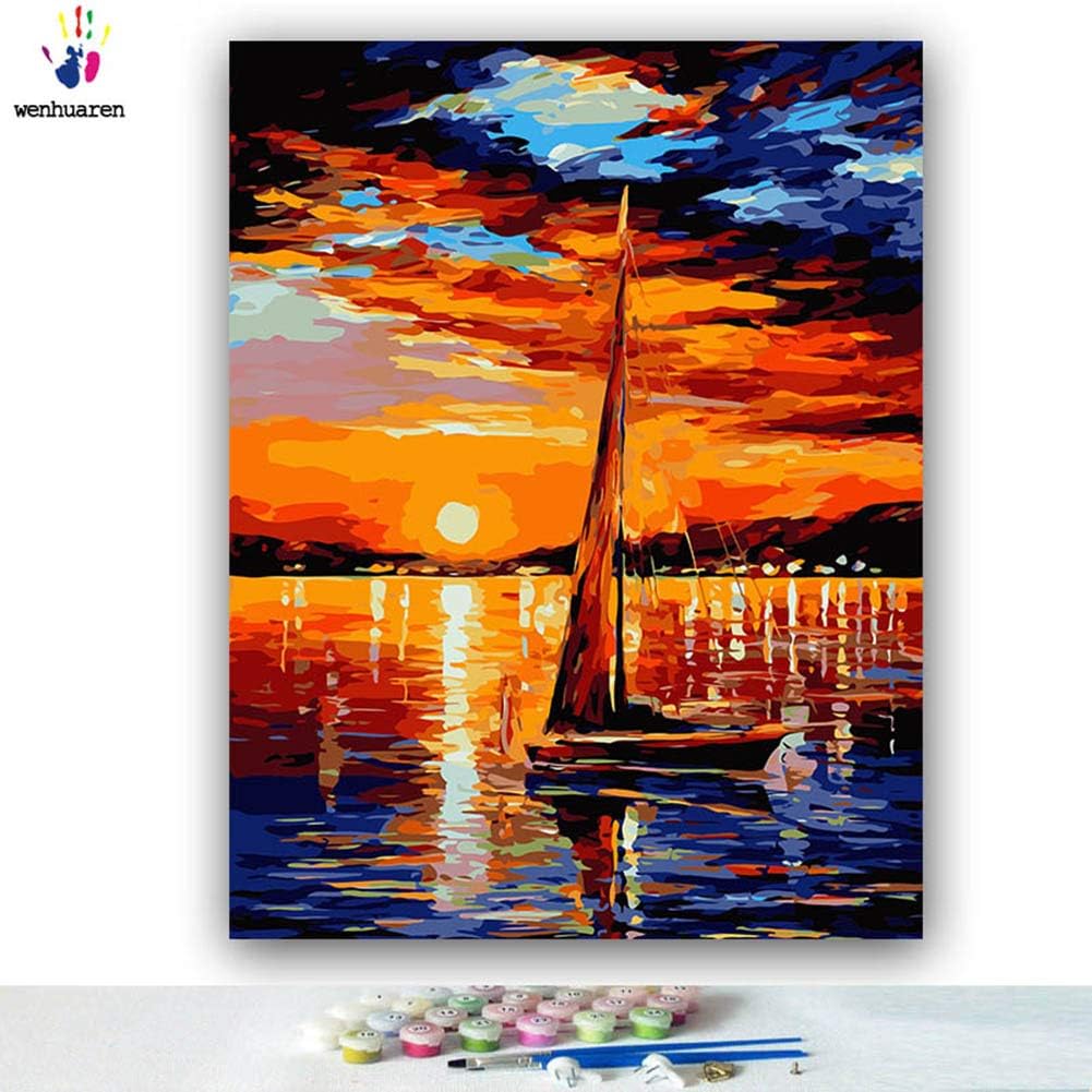 Paint by Number Kits Canvas DIY Oil Painting for Kids, Students, Adults Beginner with Brushes and Acrylic Pigment -Sailing Sunset Scenery (10088, 16x20 no Frame)