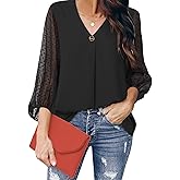 KOJOOIN Womens Balloon 3/4 Sleeve Causal Loose V Neck Chiffon Blouses Tops (Black,Small)