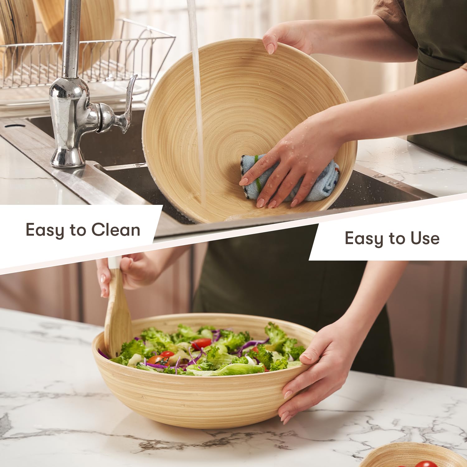 LEXA 12" Handmade Natural Bamboo Wooden Salad Bowl - 130 oz Lightweight Large Wooden Bowls for Food - Bamboo Wooden Fruit Bowl for Kitchen Counter, Wood Bowls for food - Wooden Serving Bowl for Snacks - Image 6