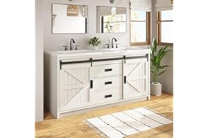 LUXOAK 60" Farmhouse Sliding Barn Door Double Vanity with Sink Combo, Freestanding Bathroom Vanity Cabinet with Drawers & Metal Handles, Distressed White