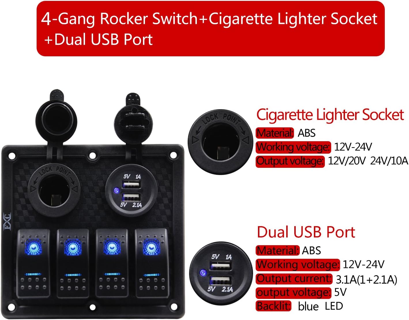 FXC Waterproof Marine Boat Rocker Switch Panel 4 Gang with Dual USB Slot Socket + Cigarette Lighter LED Light for Car Rv Vehicles Truck (4 Gang Blue Light) : Sports & Outdoors