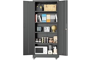 INTERGREAT Metal Storage Cabinet with Wheels, 73" Rolling Storage Cabinet with Doors and Shelves, Black Garage Cabinets with Lock, Steel Cabinet for Office, Garage, Home, Shop