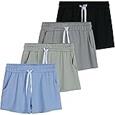Real Essentials 4 Pack: Girls Athletic Performance Dry-Fit Running Shorts with Drawstring & Pockets