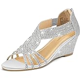 PIZZ ANNU Women's Diana Low Wedge Sandals Sparkly Rhinestone Open Toe Fashion Dress Shoes for Woman Lady in Bridal Dance Evening