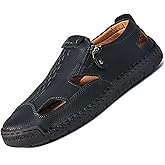 DEVILEYEZE Men's Closed-Toe Leather Fisherman Sandals Slip-On | Breathable Comfortable Casual Moccasin Loafers for Summer Outdoor Driving & Walking | Side Zipper Hand-Sewn