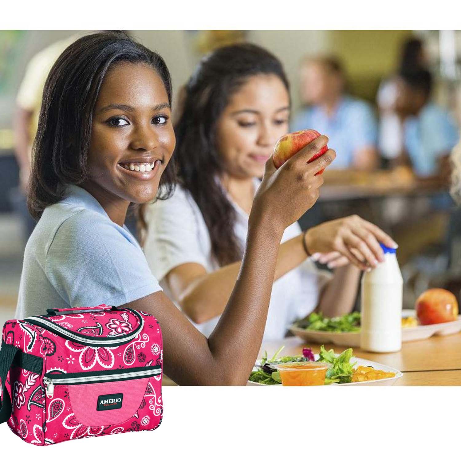 Insulated lunch bag for kids, AMERIO Lunch Box For Work Men, Women, Smooth Zipper& Lightweight, Small Lunch Box for Grils with Adjustable Strap (Pink)