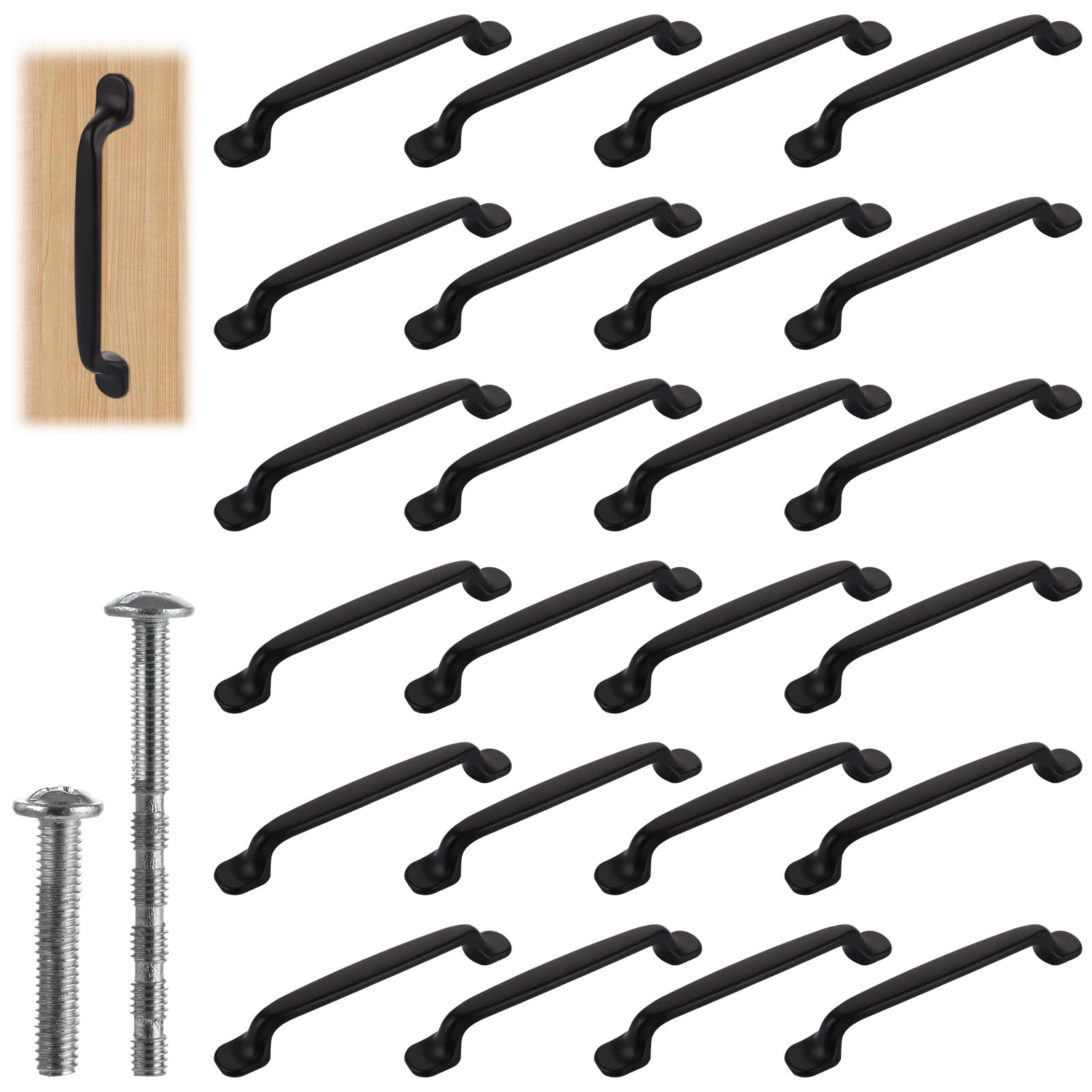 WOPPLXY 24 PCS Cabinet Drawer Handles - 128mm Hole Center, 160mm Pull - Matt Black Kitchen Cupboard Door Handles - Zinc Alloy for Bedroom, Bathroom