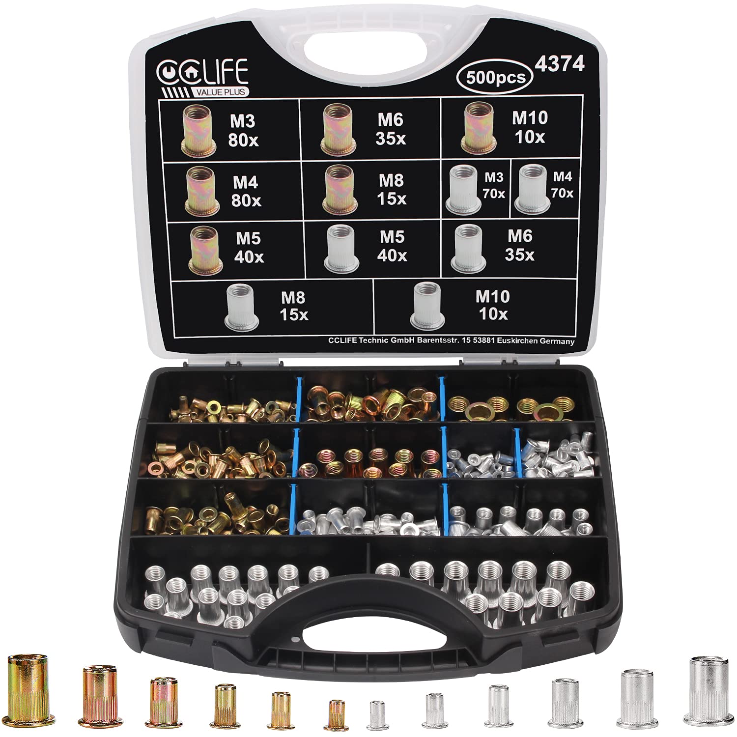 CCLIFE 500-Piece Rivet Nut Set: M3-M10 Aluminium & Galvanised Steel Rivet Nuts