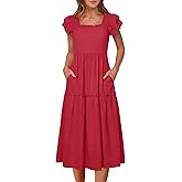 Caracilia Womens Summer Maxi Dress 2026 Casual Ruffle Short Sleeve Square Neck Smocked Flowy Sundress Beach Vacation Clothes