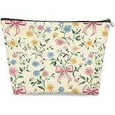 Udinaz Coquette Pink Bow Floral Makeup Bag, Pastel Floral Preppy Cosmetic Bags for Women, Girly Cottagecore Spring Wildflower Zipper Makeup Pouch Toiletry Bag