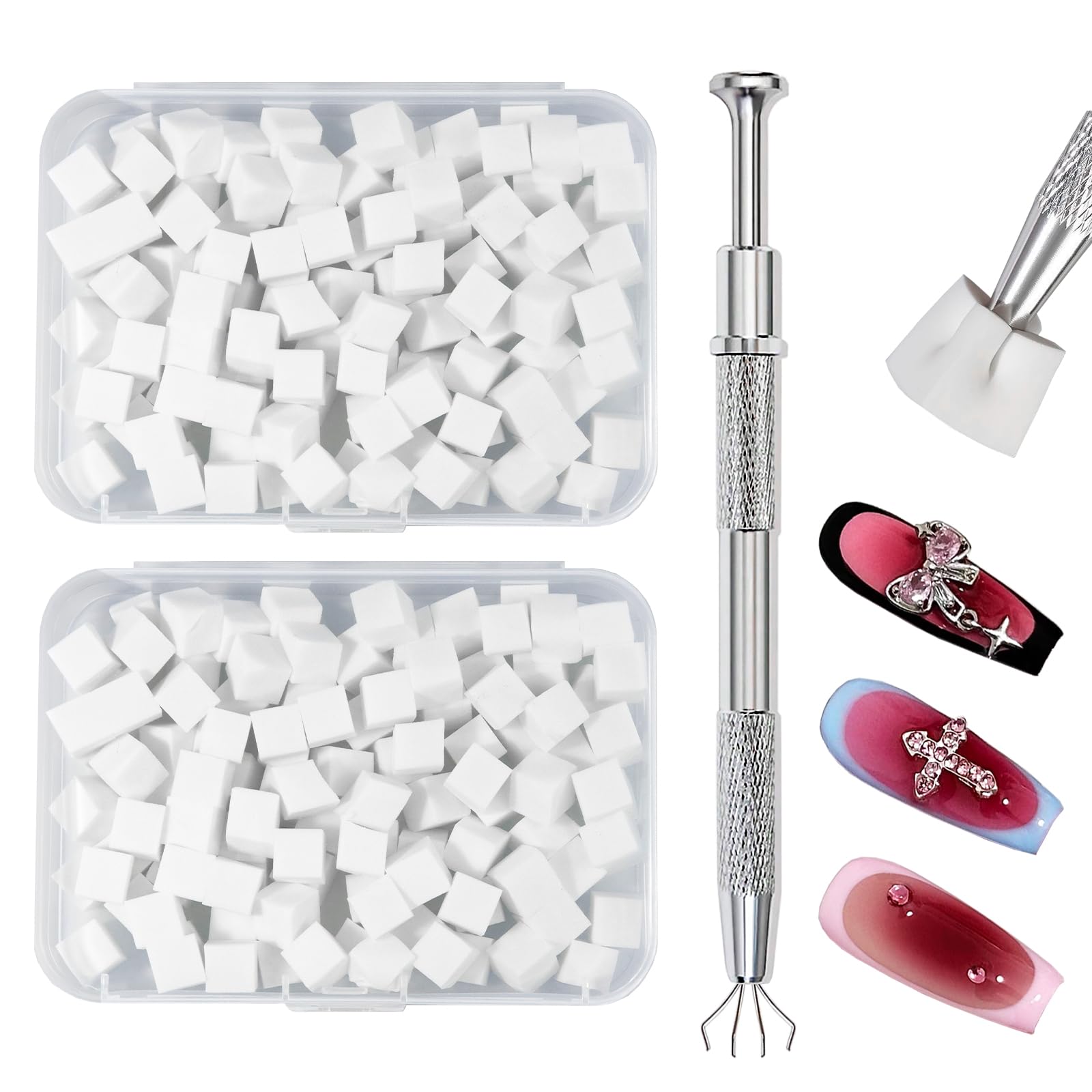 Qufiiry 200 PCS Nail Sponges for Ombré, Nail Art Tools Sponge Brush, Nail Art Sponge with 1 Metal Grabber Nail Brushes Storage and Box for Nail Art Design Manicure Diy