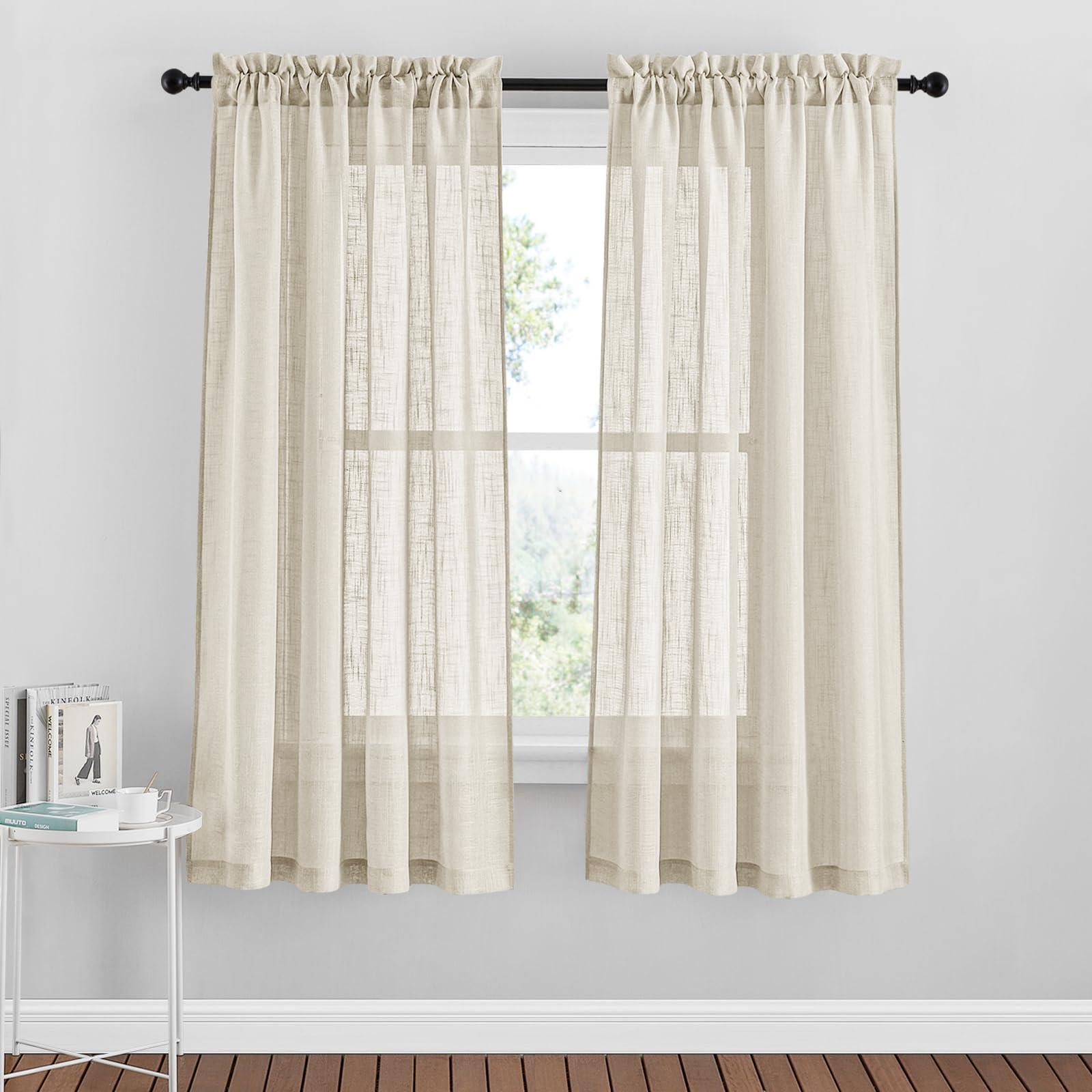 PONY DANCE Voile Curtains 72 Drop pair - Nursery Curtain Linen Look Slot Top Window Treatment Thick Sheer Luxury Curtains for Living Room, 1 Pair, Wide 52 x Drop 72 inch, Beige Cream