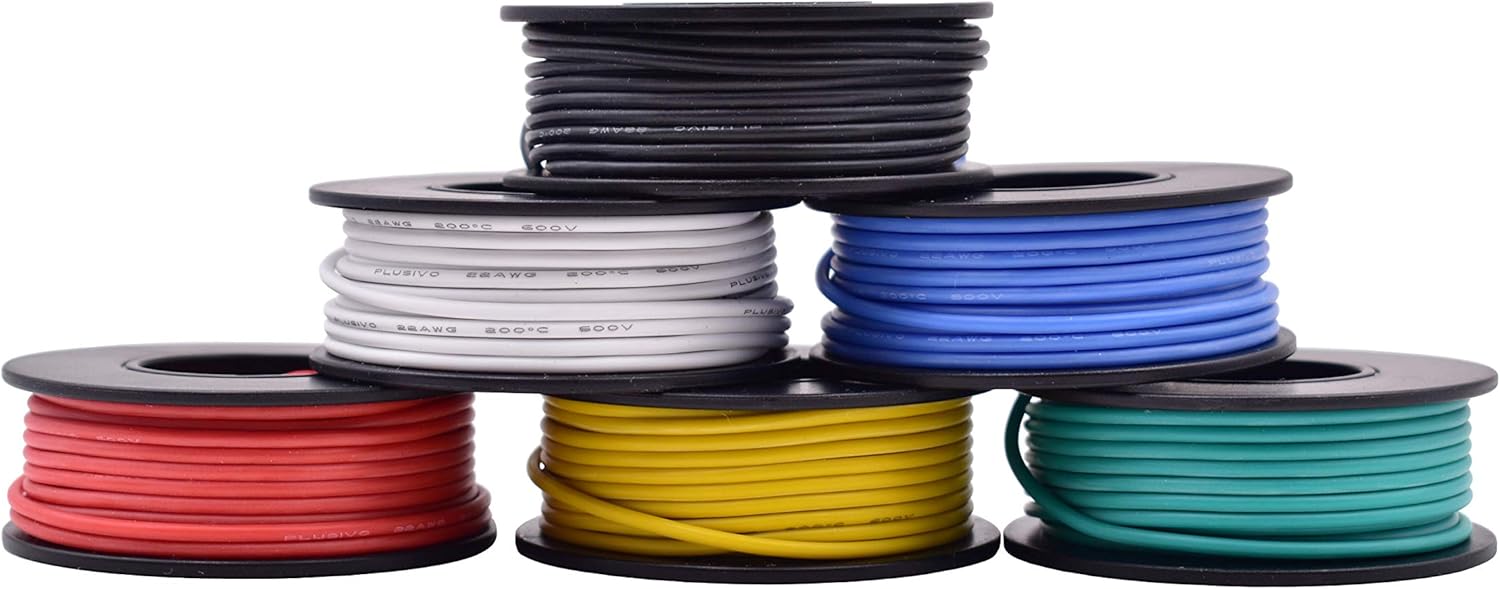 22AWG Silicone Hook Up Wire - 22 Gauge Stranded Tinned Copper Wire with Silicone Insulation, 6 Colors (Black, Red, Yellow, Green, Blue, White) 23ft / 7m Each, Hook Up Wire Kit from Plusivo: Industrial & Scientific