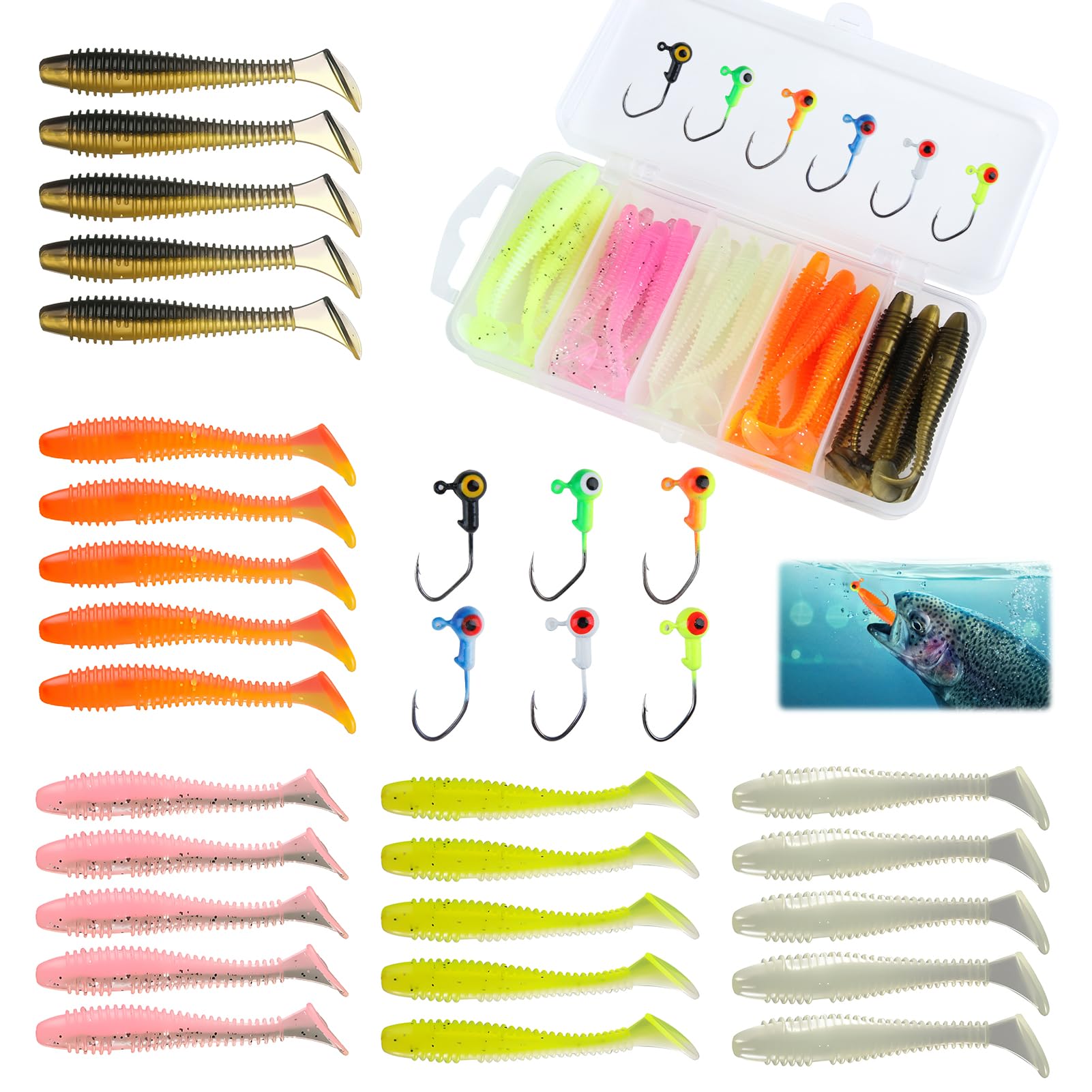 Fishing Lures, with Heads Hooks Set 36 Pcs Easy Catching Bait for Family, Tackle Box with Lures, Spinner Baits, Accessories & Gear, Fishing Bait Lure Gear Kit for Men Bass Freshwater (Multicolor)