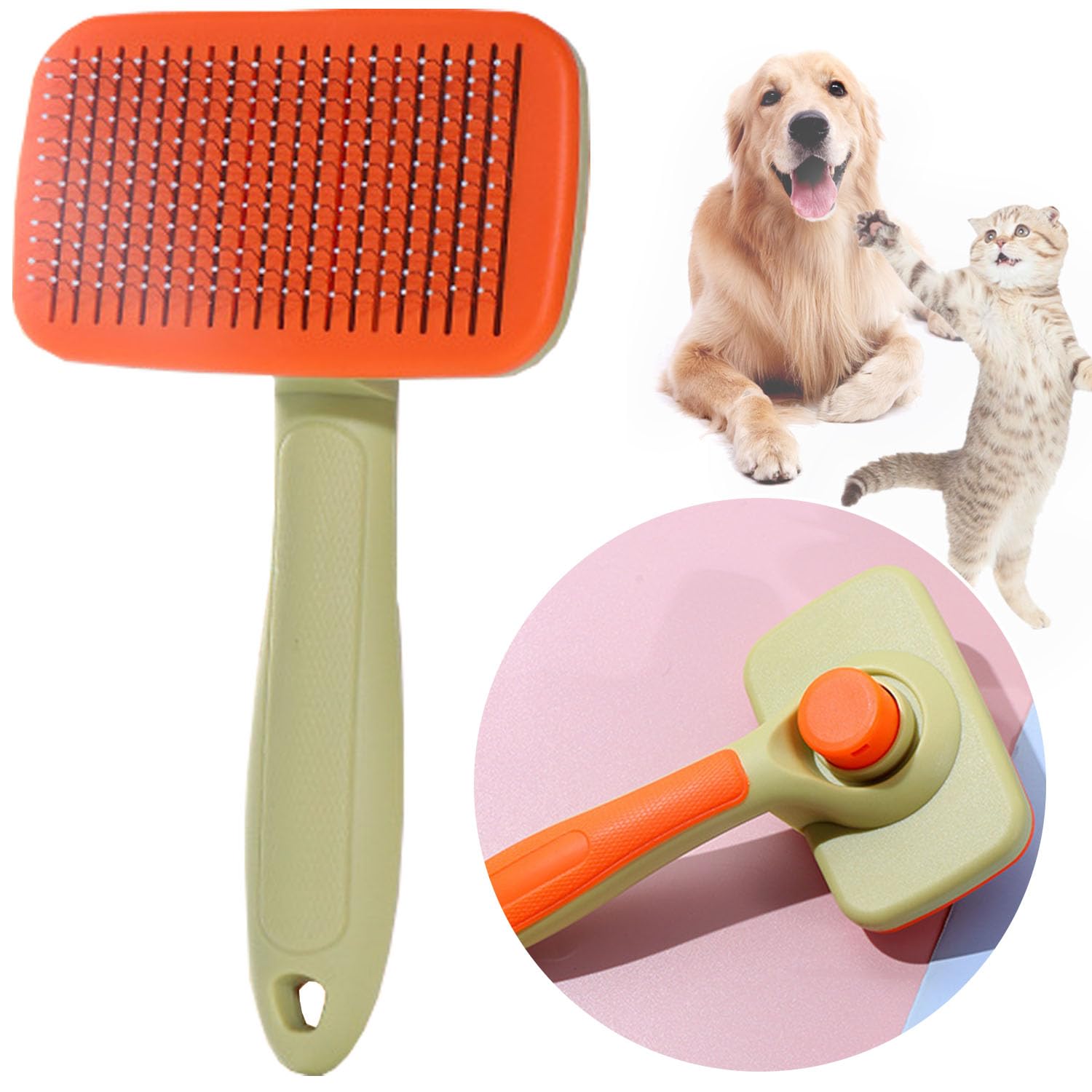 Dog Brush Cat Brush Grooming Comb, Self Cleaning Slicker Dog Brush, Cat Hair Brush for Grooming, Rounded Pins Cat Brush for Short Haired Cats, Pet Tool, Cleaning Button(Orange and Green Color)