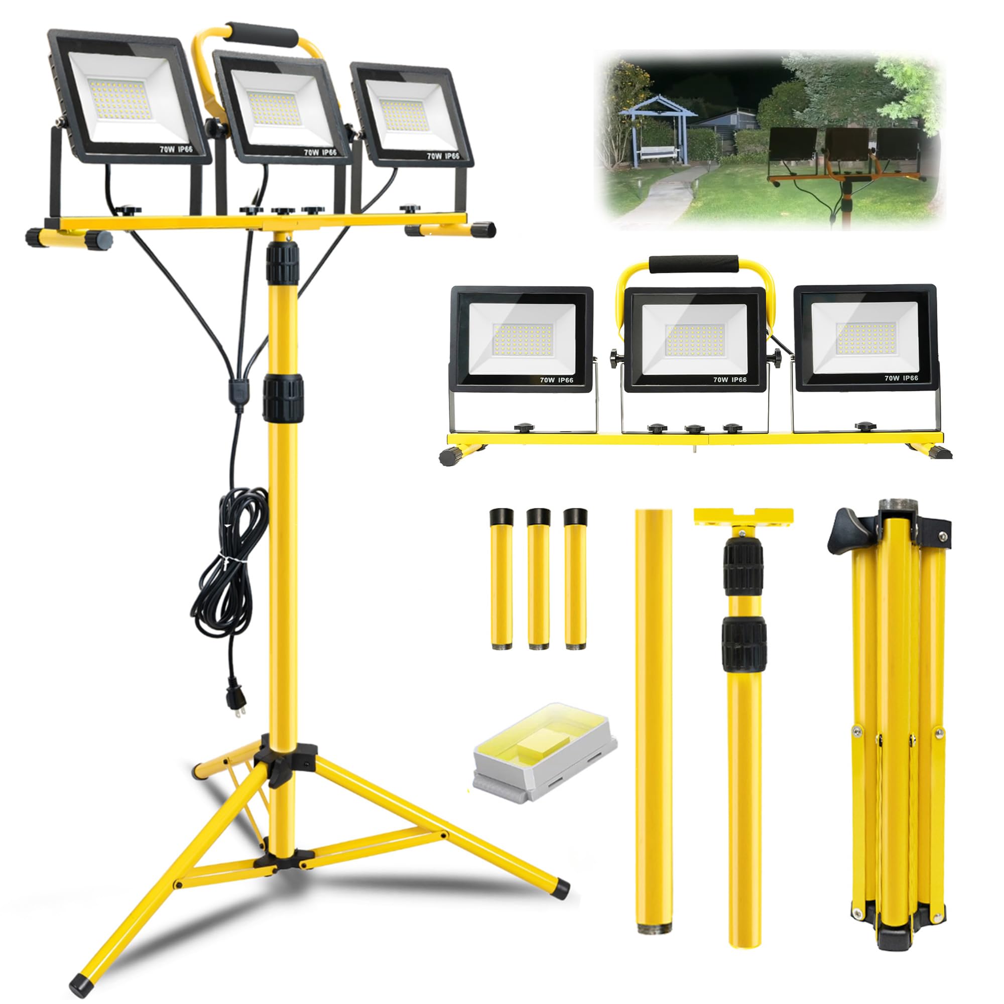 Photo 1 of 21000Lumen LED Work Lights with Stand: 3 Head Adjustable Work Light with Individual Switch - IP66 Waterproof Foldable Tripod Work light with 16.4FT Cord for Indoor Outdoor Portable Lighting