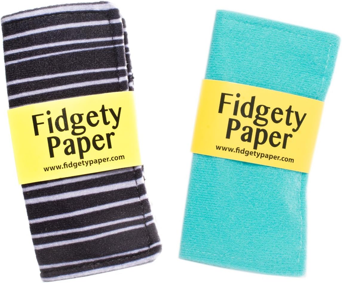 Pocket Fidgety Paper - Baby Paper - Great for Teething and Play - 2 PACK - Turquoise Blue, Black and Grey Stripes - Fidgety Paper