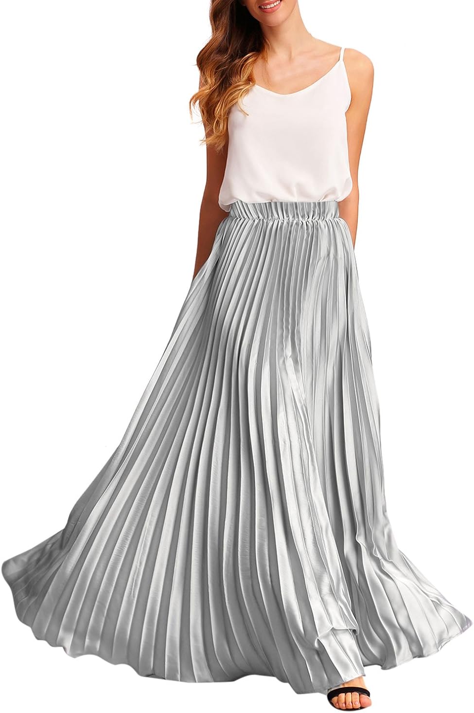ROMWE Women's Pleated Maxi Skirt Elastic Waist Summer Pleat Long Party