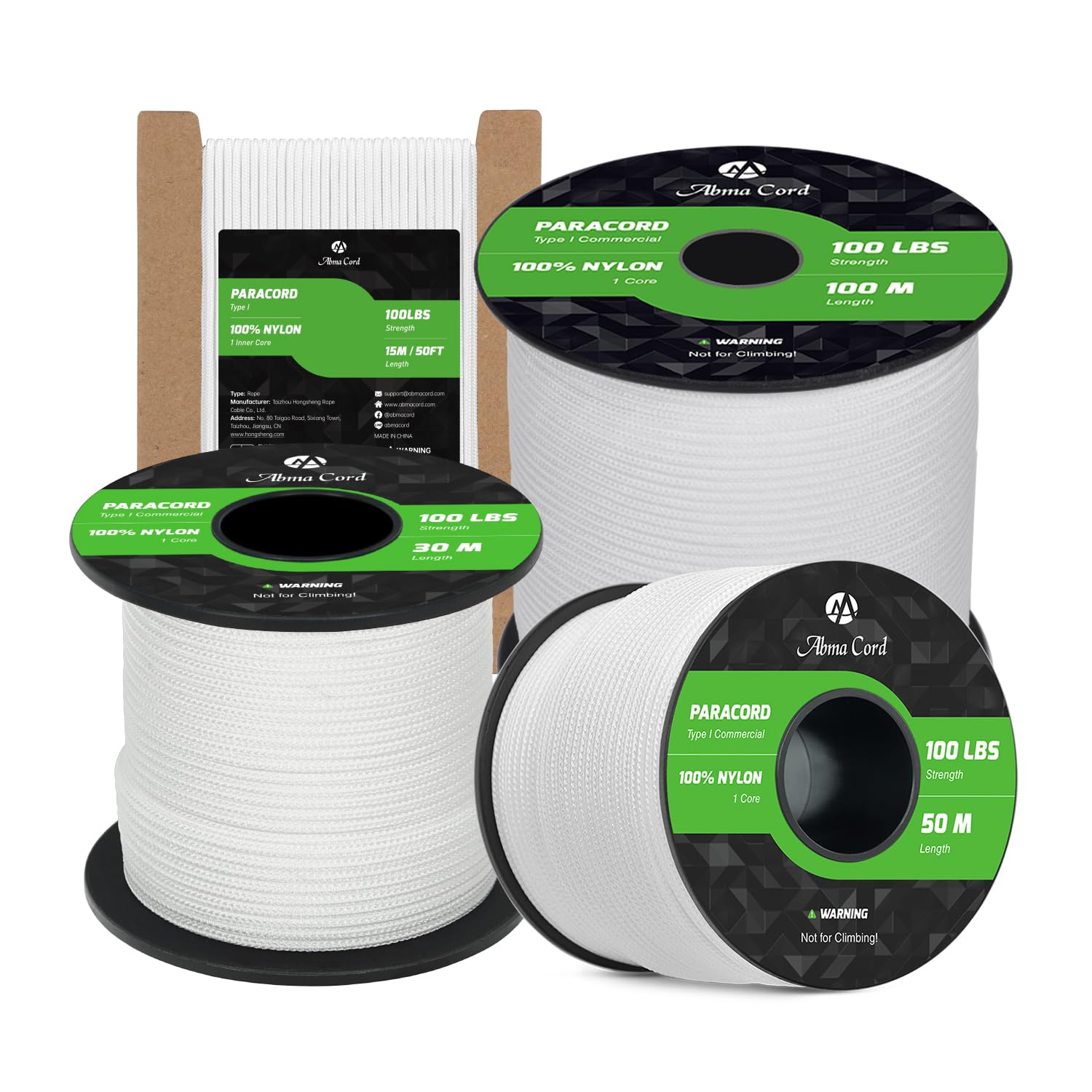 Abma Cord Paracord 2mm 50m 100% Nylon Rope 1 Strand Type I Parachute Cord - Max. 45kg (100lbs) - White