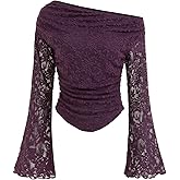 CIDER Off Shoulder Top Lace Floral Sheer Long Sleeve Flare Sleeve Ruched Hem Slim Fit Going Out Top