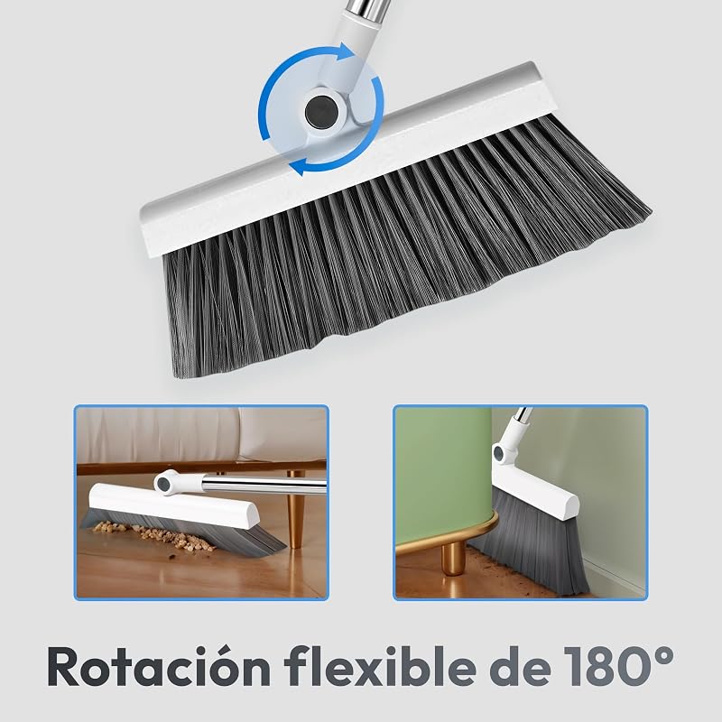 Escoba y Recogedor Plegable 3 en 1 con Cepillo Extraíble y Limpiacristales Oculto - Mango Telescópico de 126 cm y Rotación de 180º - Limpieza del Hogar Oficina