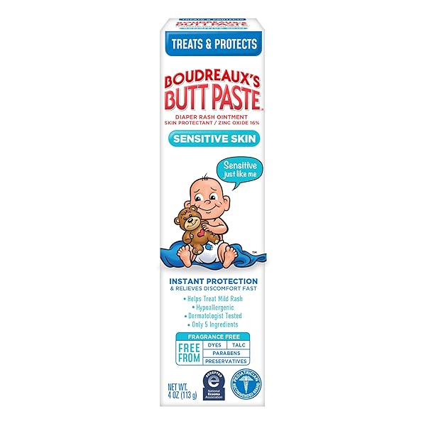 BOUDREAUX’S BUTT PASTE FOR SENSITIVE SKIN DIAPER RASH CREAM, OINTMENT FOR BABY, 4 OZ TUBE