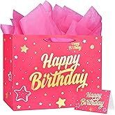 ZGORENDZ 14'' Large Gift Bag Gold Foil Happy Birthday Party Bag with Tissue Paper, Card, Envelope, Gift Tag for Birthday