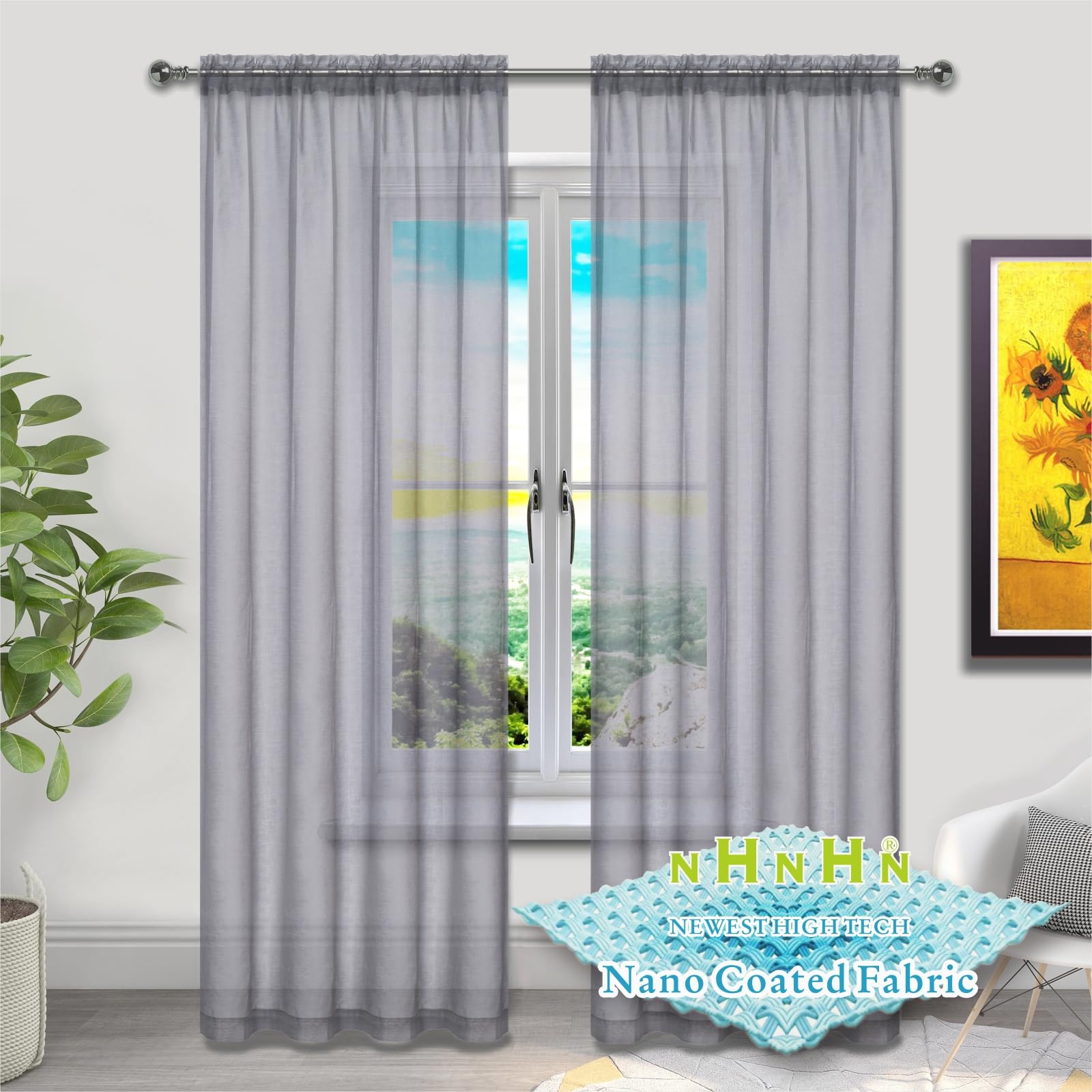 NHNHN Nano Material Coated Voile Sheer Curtains 2 Panles for Living Room Bedroom Kitchen Room Children's Room, 52" Wide x 84" Drop (W132 x H215cm, Grey)