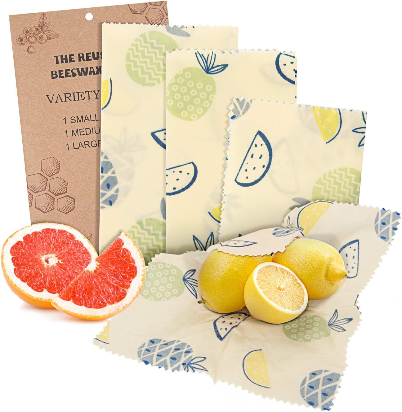 Beeswax Wrap 3 Pack, iTrunk Eco Friendly Reusable Beeswax Food Wraps, Sustainable Non Plastic Bees wrap for Cheese, Fruit, Vegetable and Bread(1 Small/1 Medium/1 Large)