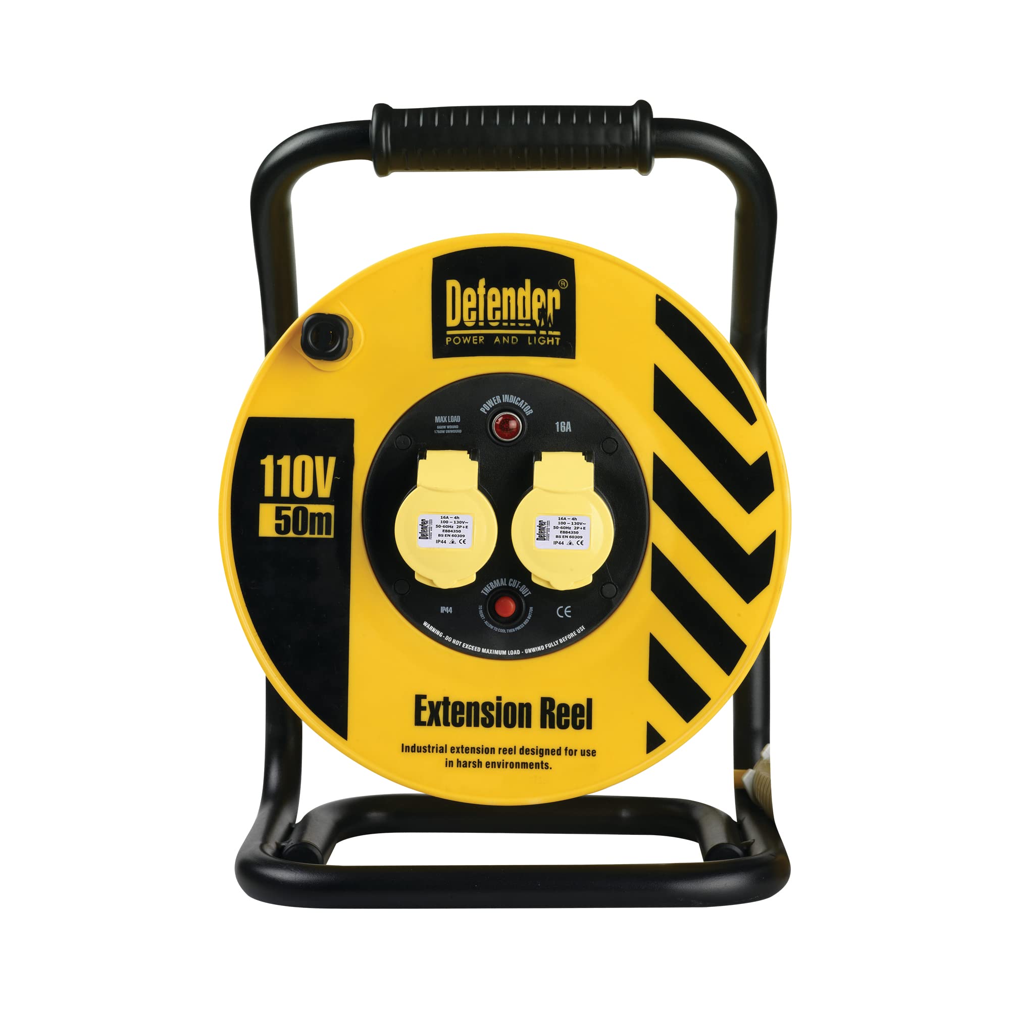 Defender Heavy Duty Cable Reel 1.5mm2 2-Way 16A 50m 110V (E86500)