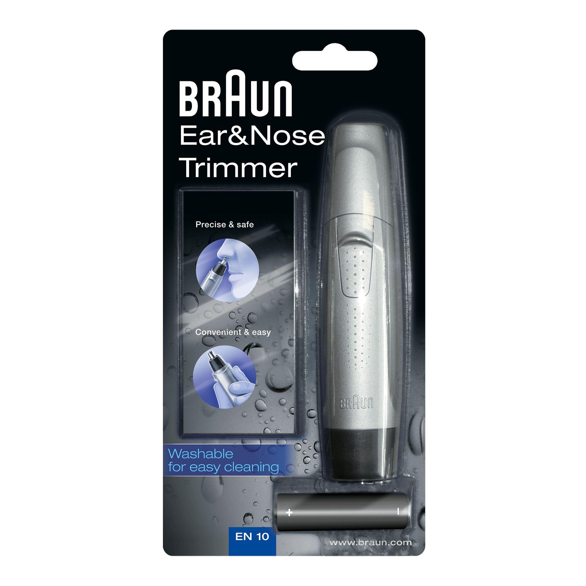 Braun Ear and Nose Hair Trimmer for Men, Precise and Safe Hair Removal, Fully Washable, EN10, Silver