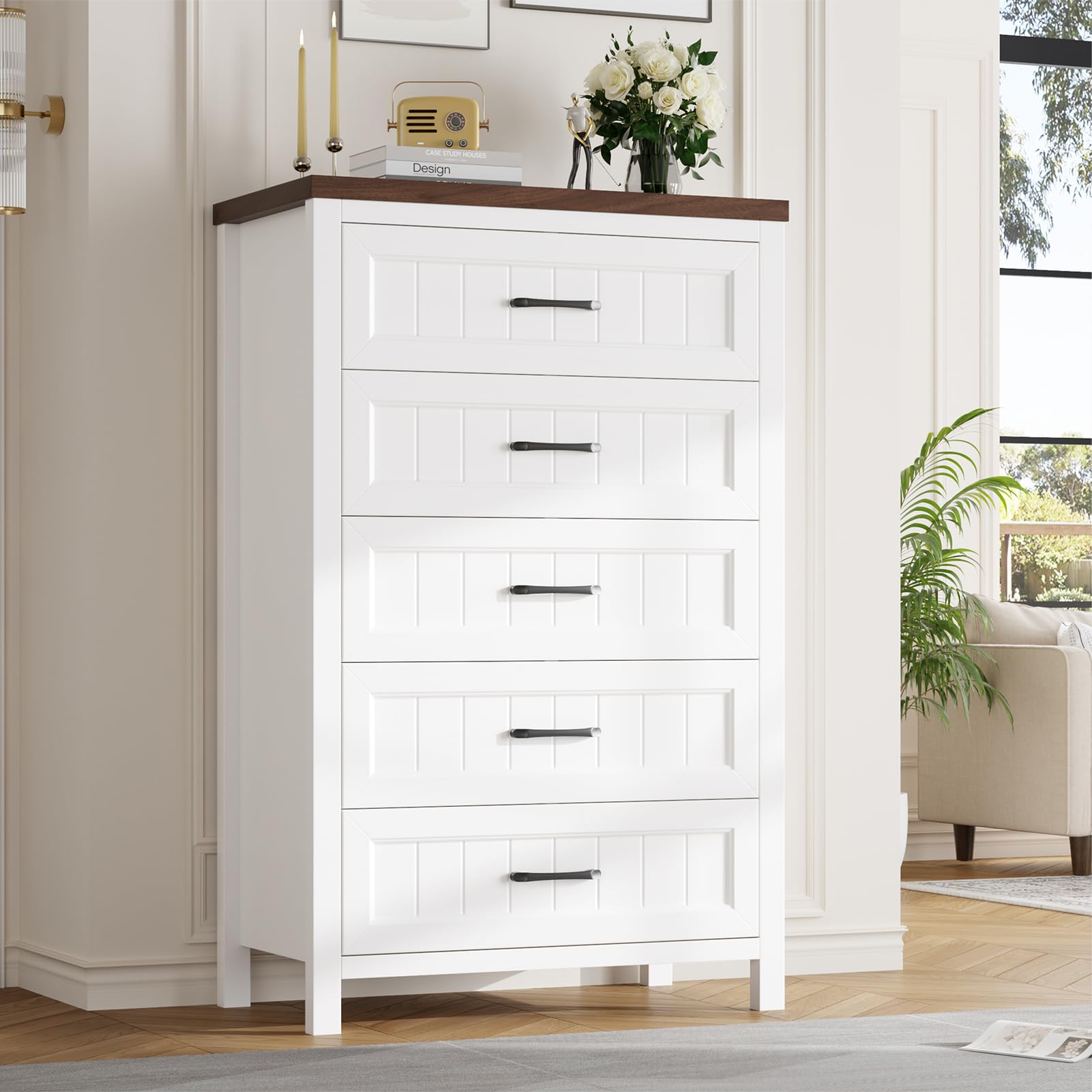 Photo 1 of Jocoevol Elegant Farmhouse 5 Drawer Dresser for Bedroom - Tall Chest of Dresser with Spacious Storage, Solid Wood Construction for Living Room, Hallway & Entryway - White & Brown