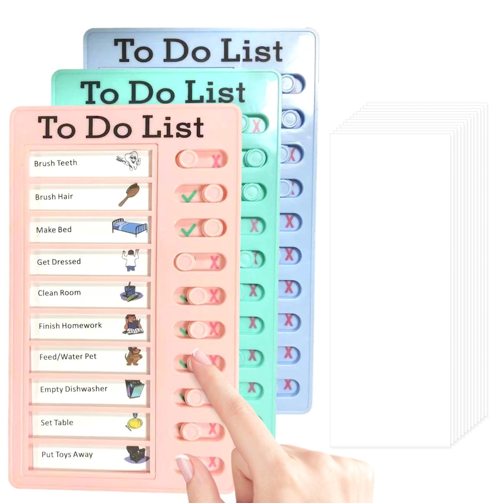 3 pcs to Do List Chore Chart with 12 pcs Replaceable Cardstocks, Portable Detachable Reusable Memo Checklist Boards with Slider for Home Office(Green + Blue + Pink)