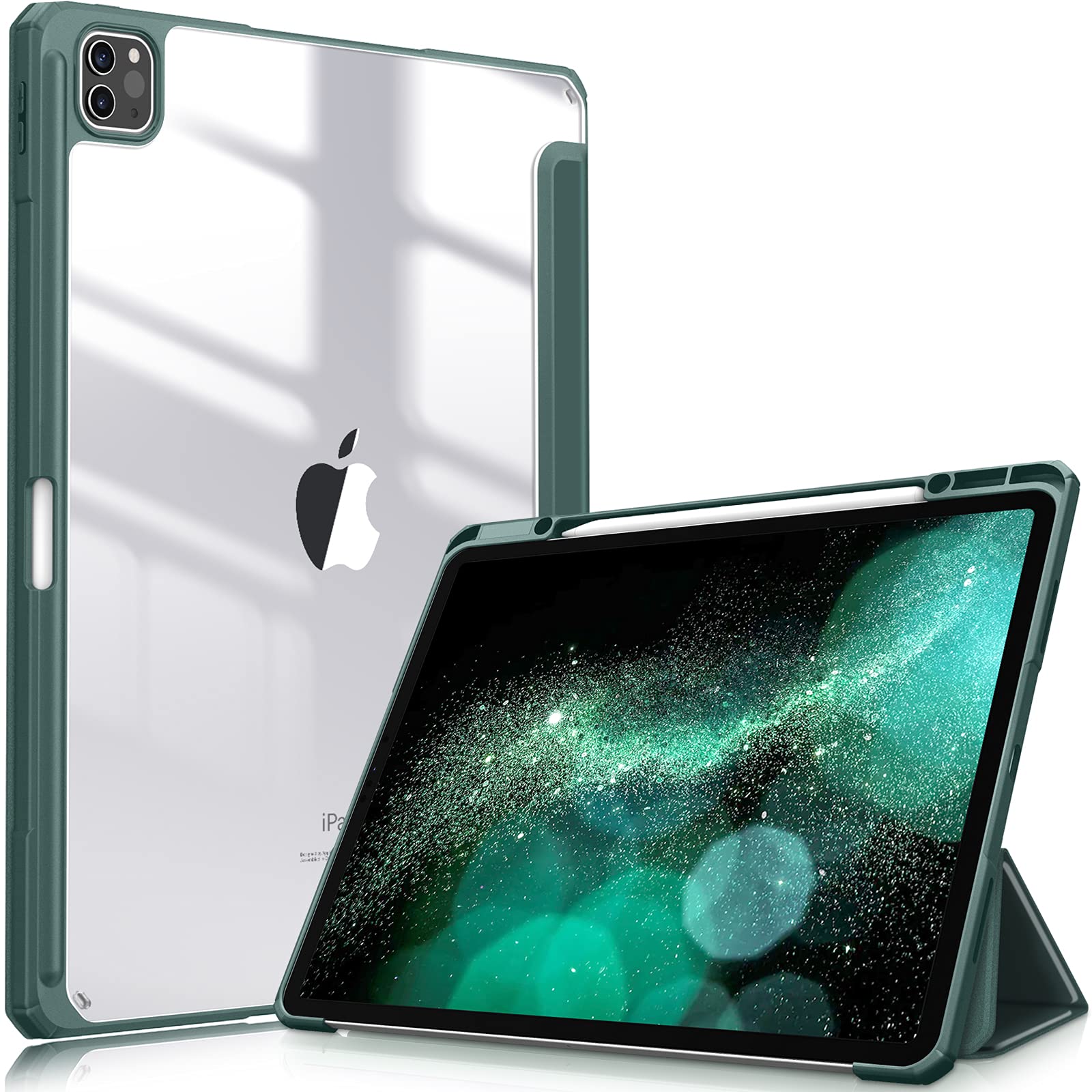 FINTIE Hybrid Case Compatible with iPad Pro 12.9 inch (2022/2021/2020/2018, 6th/5th/4th/3rd Generation) - Shockproof Clear Back Cover with Pencil Holder, Auto Wake/Sleep, Midnight Green