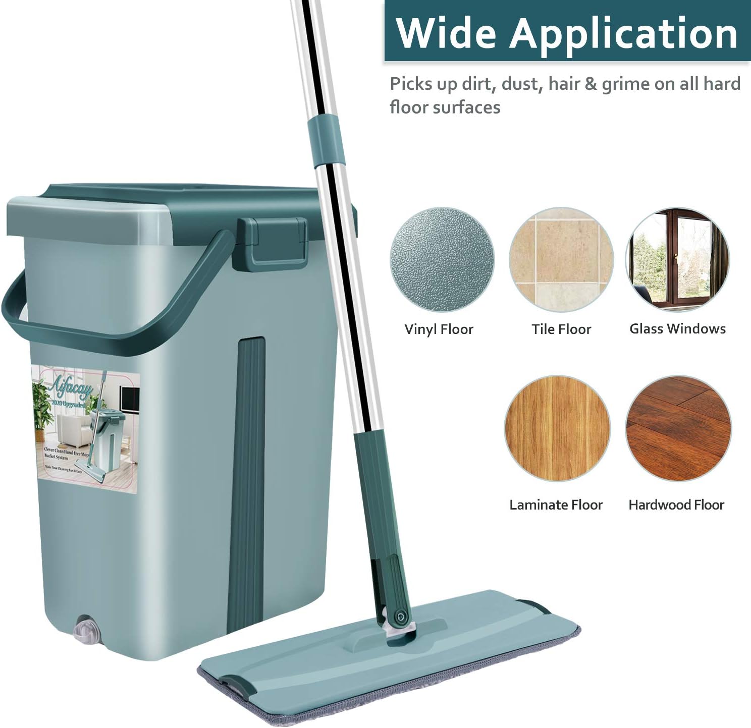 Floor Mop with Bucket, Aifacay Flat Squeeze Mop Bucket System Cleaning Supplies 360° Flexible Mop Head/8 Reusable Pads Home Hardwood Floor Cleaner Mops Extended Stainless Steel Handle Mops for Home: Kitchen & Dining