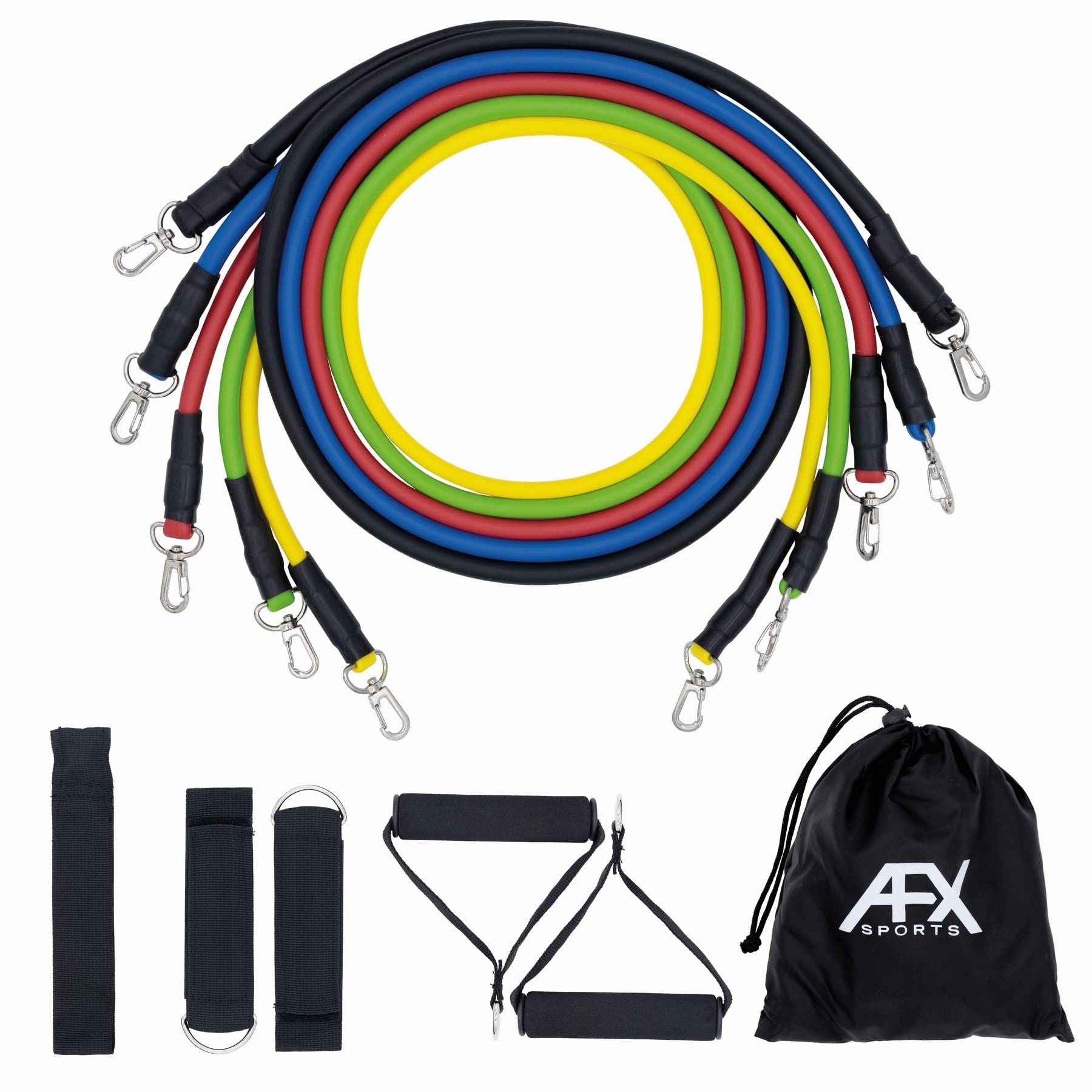 AFX Sports Exercise Resistance Bands Set, Fitness Stretch Workout Kit, 5 Tubes, 2 Foam Handles, 2 Ankle Straps, Door Anchor for Men Women, Home Gym Equipment, Yoga Pilates Physio