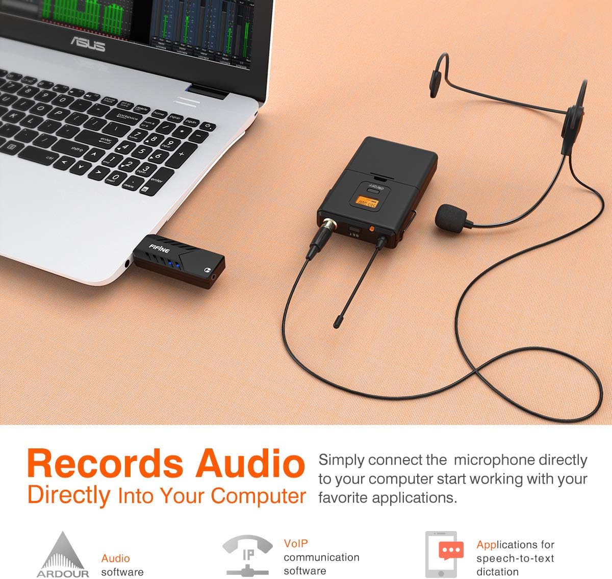 Wireless Microphones for Computer,FIFINE USB Wireless Microphone System for PC and Mac,Headset UHF Wireless System with USB Receiver,Transmitter,Headset and Clip Lavalier Lapel Mic-K031B: Musical Instruments