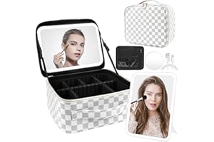 PEEH Makeup Bag with Lighted Mirror, Travel Make up Train Case with Adjustable Brightness Vanity Mirror and Detachable 10x Magnifying Mirror (White Plaid)