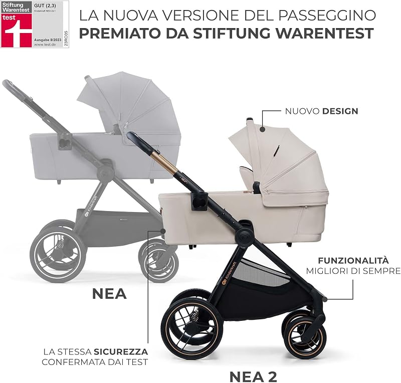 Kinderkraft NEA 2, Passeggino dalla nascita fino a 22 kg, Chiusura con una mano, Posizione sdraiata, Ampia capottina, 4 ruote ammortizzate, filtro UPF 50+, cestello fino a 5 kg, Beige