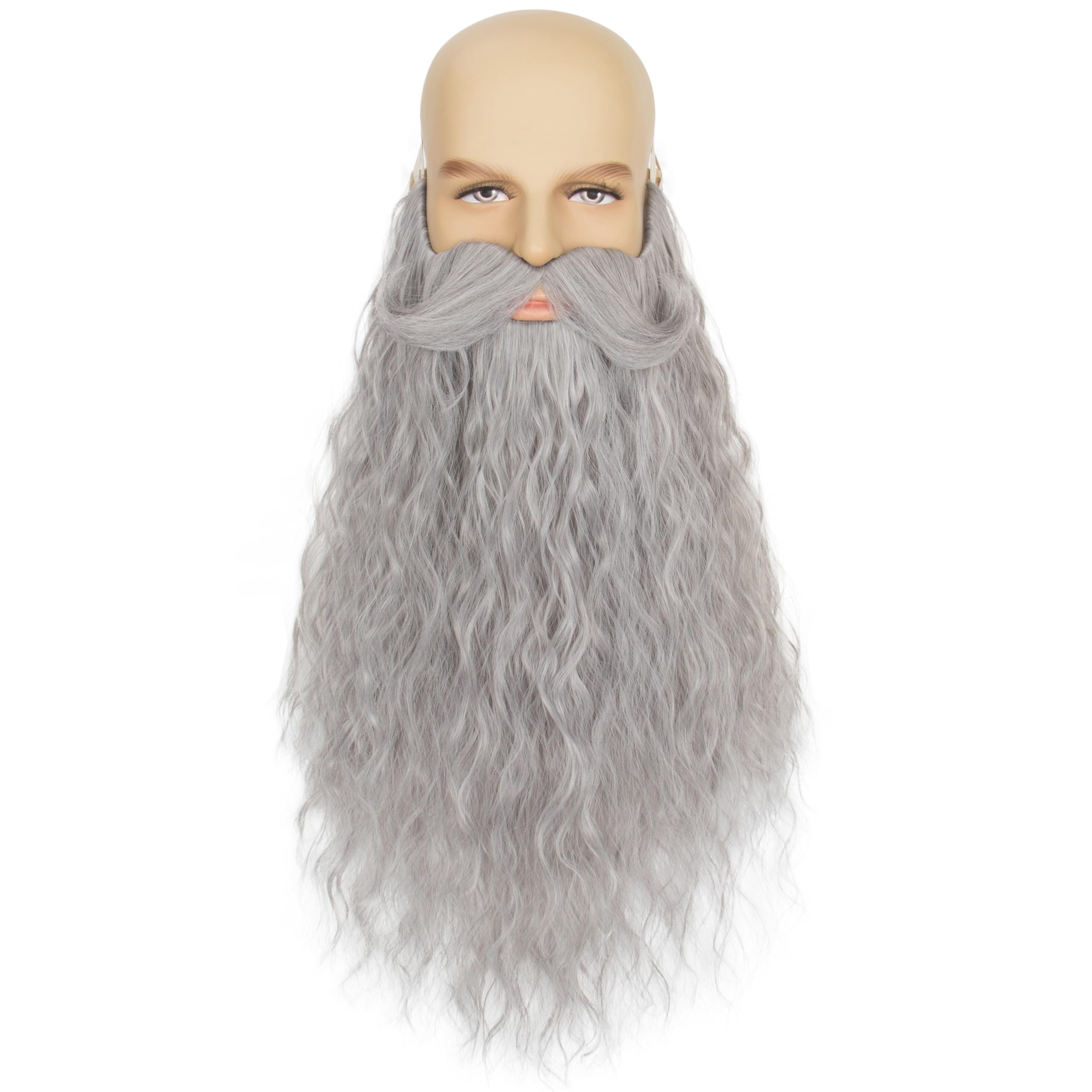 Photo 1 of Yan Dream Mens Long Curly Grey Wizard Fake Beard with Upturned Mustache – Costume Facial Hair Set for Cosplay, Party, Halloween