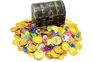 PEMALIN Kids Pirate Treasure Chest Toy Box Antique Color with Lock for Party Favors Props Decoration/Kids Storage Treasure Chest with (100 Plastic Gold Coins+100g Gems+2Earrings+2Rings+1Necklace)