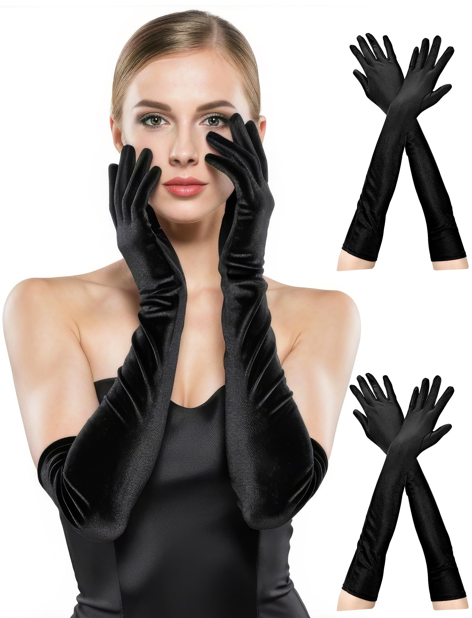 BEVTEE Long Black Gloves Women Formal, 2 Pairs Opera Gloves Costume, Stretchy Satin Gloves, 1920s Accessories, 20.8 Inch