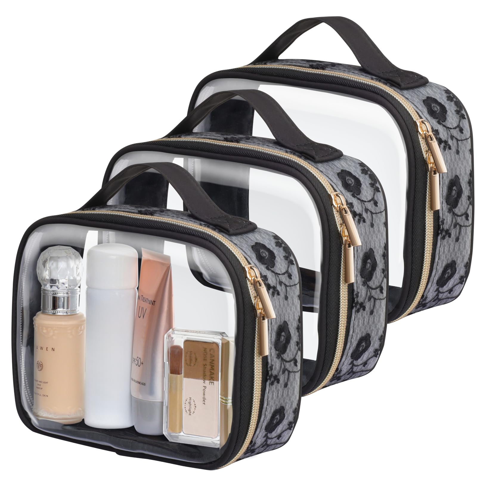 Photo 1 of PACKISM TSA Approved Toiletry Bag - 180° Large Opening Clear Makeup Bags with Handle, Easily Access, Floral Texture Lace Clear Toiletry Bags for Traveling, Thick 0.5 mm No Smell, Black