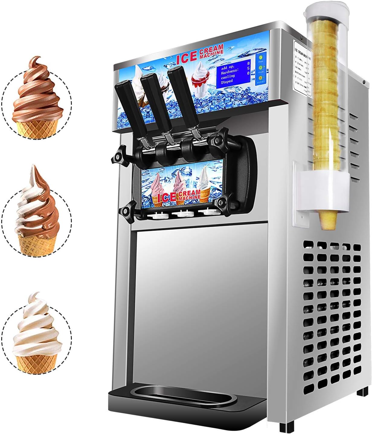 Commercial Ice Cream Machine 1200W 20-28L/5.3-7.4Gallon Per Hour Soft & Hard Serve Ice Cream Maker with LED Display Screen Auto Shut-Off Timer 3 Flavors Perfect for Restaurants Snack Bar supermarkets
