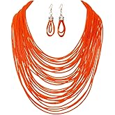 COLORFUL BLING African Multicolor Layered Chunky Bib Necklace for Women Tassel Wax Line Choker with Earrings Statement Jewelry Set