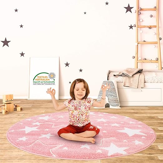 Myshop24h Teppich Kinderzimmer Rund Stern Rosa 120x120 Cm Kurzflor Kuschelig Deko Kinderteppich Fur Jungen Und Madchen Oeko Tex 100 Standard Amazon De Kuche Haushalt