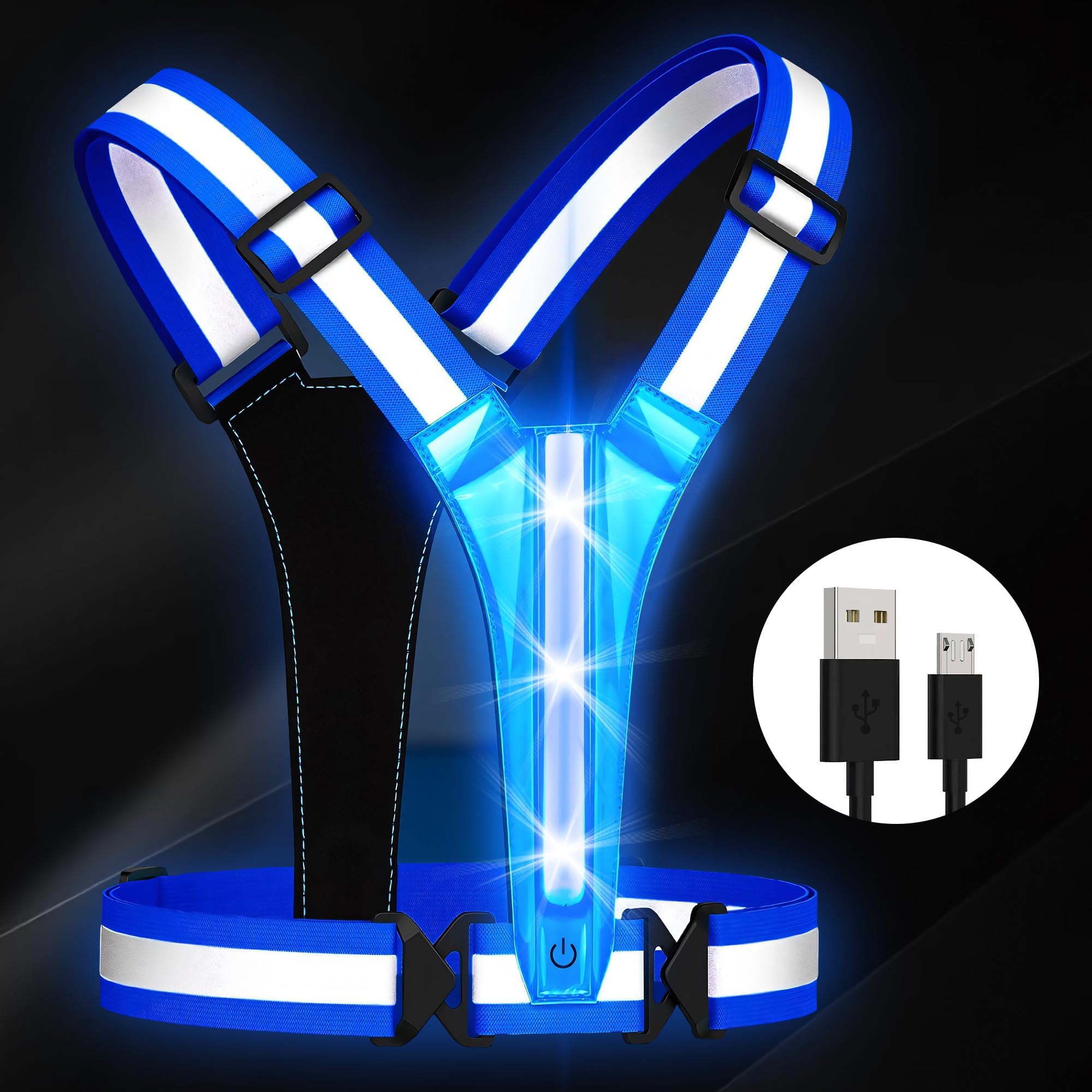 Sundonix LED Reflective Running Light Vest - USB Rechargeable High Vis Chest Light Gear Gift for Runner Night Jogging Cycling Walking (Blue)