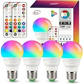 ILC A15 LED Color Changing Light Bulb, E26, 5W (40W Equivalent), 500LM | 9 Colors 3CCT, IR Remote Control Light Bulbs with Timing &amp; Sleep Mode, for Multi-Pendant, Ceiling Fans, Table Lamps, 4 Pack