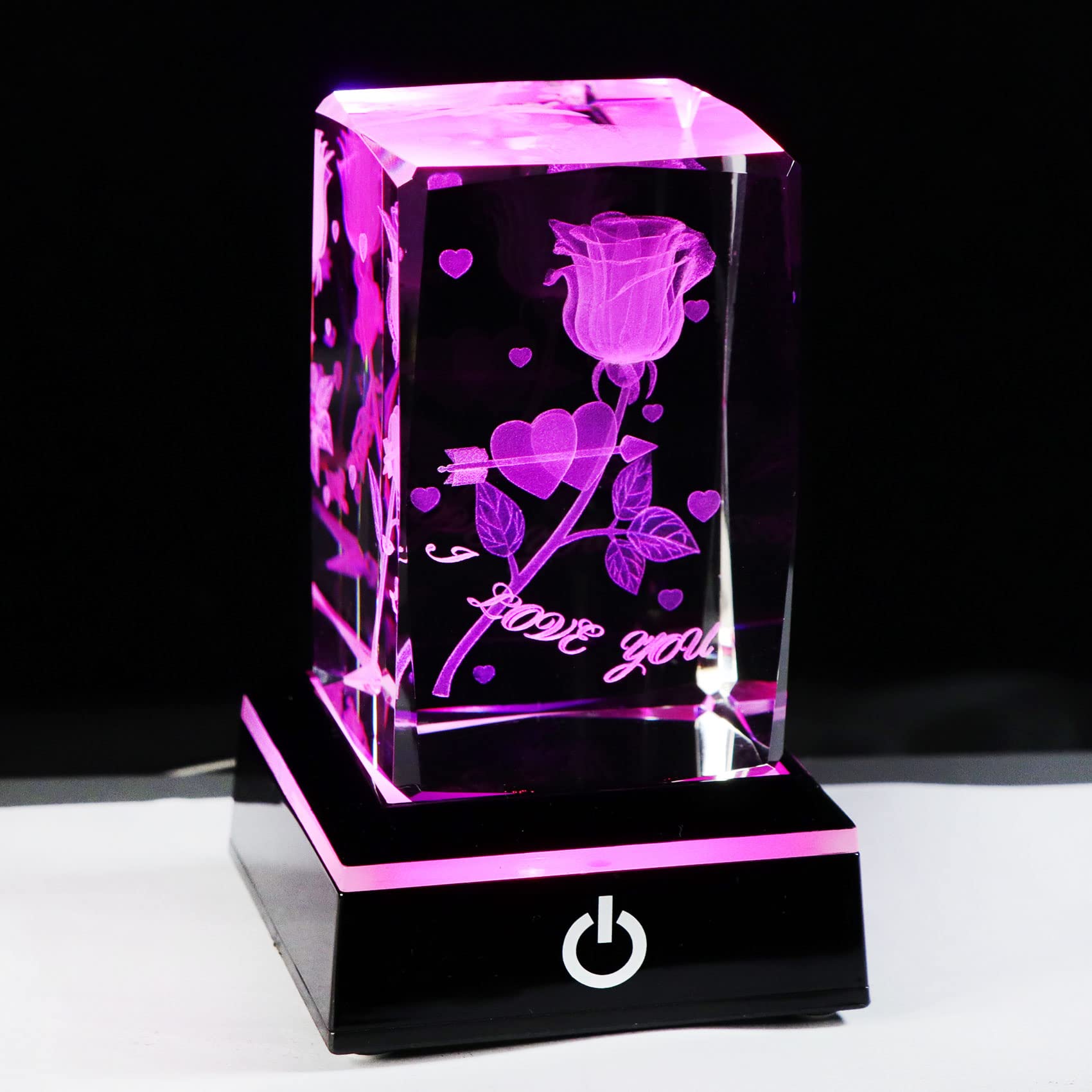 Movdyka Crystal Engraved 3D Rose with I Love You Keepsake with Led Light Base, Gift for Boyfriend or Girlfriend, Unique Valentines Romantic Gifts for Her